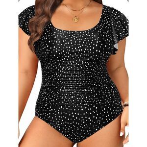 Plus Size Black White Polka Dot Ruffle Sleeve Ruched One Piece Swimsuit 22W